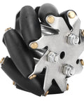 Close-up of 4-piece 48mm steel Mecanum wheel set with black TPR rollers and mounting plates