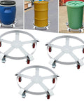 Heavy Duty Steel Drum Dolly For 55 Gallon Barrels With Cross Braces And 4 Swivel Casters, Industrial drum cart shown with steel frame and red wheels