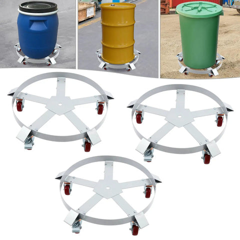 Heavy Duty Steel Drum Dolly For 55 Gallon Barrels With Cross Braces And 4 Swivel Casters, Industrial drum cart shown with steel frame and red wheels