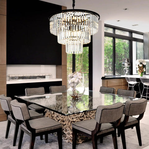 Lit 12 Light Crystal Chandelier, 23.64 Inch Black Three Tier Pendant Ceiling Light in dining room setting
