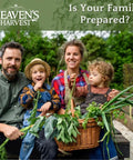 Family holding basket of fresh garden vegetables in outdoor setting with text 'Is Your Family Prepared?' and 'Heaven's Harvest' logo.