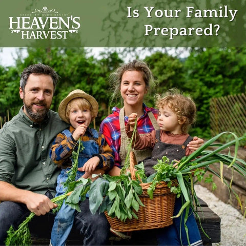 Family holding basket of fresh garden vegetables in outdoor setting with text 'Is Your Family Prepared?' and 'Heaven's Harvest' logo.
