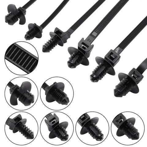 60 Pack Push Mount Zip Ties Nylon Cable Ties For Wire Harnesses Black Snap In Car Mount Ties Automotive Fasteners Durable Nylon Heat Resistant 6 Types Great For DIY Projects shown in various close-up details