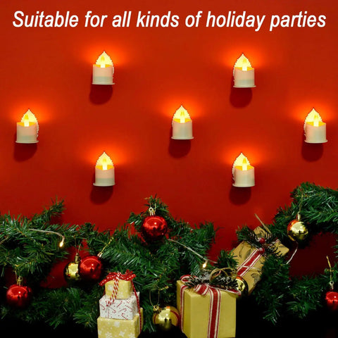 Rechargeable Flameless LED Tea Lights With Remote And Timer Waterproof Battery Operated Votive Candles displayed on red wall with gifts