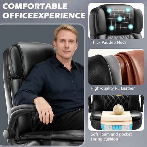 Big And Tall Executive Office Chair With Flip Up Armrests, Heavy Duty PU Leather Desk Chair, shown with thick padded neck and armrests