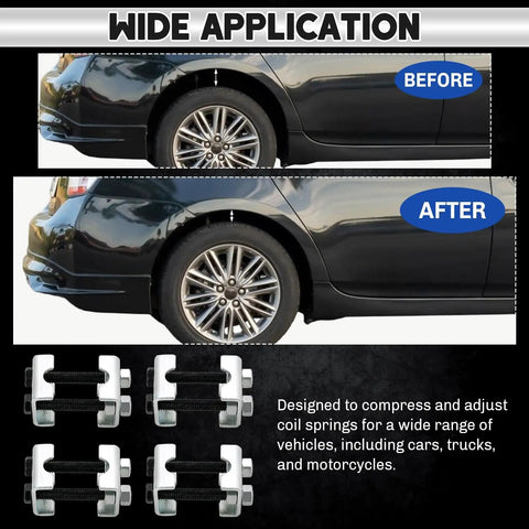 Heavy Duty 4 Pack Coil Spring Spacers With Two Way Adjustable Setup To Custom Lift Or Lower Your Truck Stance Using Built Tough Rust Free Carbon Steel, vehicle before and after adjustment comparison.