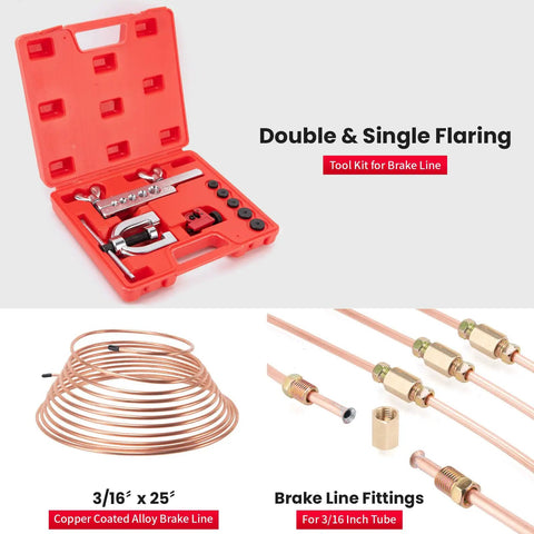 3/16 Inch Copper Coated Brake Line Kit 25 Feet With 20 Fittings And 4 Unions Included Plus Double And Single Flare Tool Kit