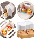 White cardboard boxes with handles containing desserts, showing potential use of 30 Pcs Kraft Gift Boxes With Soft Lining And Protective Outer Shell.