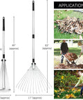 Adjustable Garden Leaf Rake 24 To 63 Inch Telescopic Metal Rake No Hassle Multipurpose Expandable Folding Leaves Yard Rake For Lawn Beds Flowers Debris Lightweight Durable Tool For Easy Cleanup shown extended to different lengths with application images