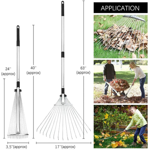 Adjustable Garden Leaf Rake 24 To 63 Inch Telescopic Metal Rake No Hassle Multipurpose Expandable Folding Leaves Yard Rake For Lawn Beds Flowers Debris Lightweight Durable Tool For Easy Cleanup shown extended to different lengths with application images