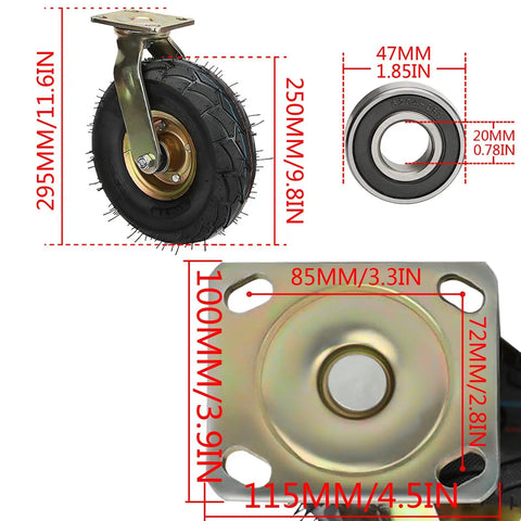 4 Pack Heavy Duty Rubber Caster Wheels Featuring Antislip Tires, 10 inch size, ideal for heavy load jobs and industrial carts.