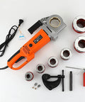 Hella Reliable Electric Pipe Threader And Portable Tapping Machine 110V 230V with six dies and accessories on white background.