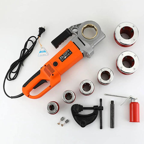 Hella Reliable Electric Pipe Threader And Portable Tapping Machine 110V 230V with six dies and accessories on white background.