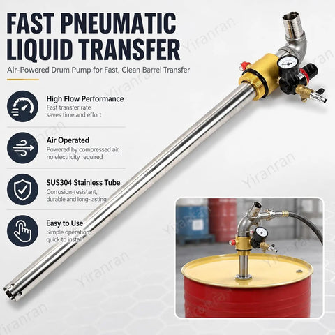 Pneumatic Drum Pump For Quick Oil Transfer Stainless Steel 304 Construction With High Flow 130 Liters Per Minute Pressure Gauge And Safety Valve SUS304 Tubing Air Operated Drum Transfer Pump For Easy Drums installed on a red barrel