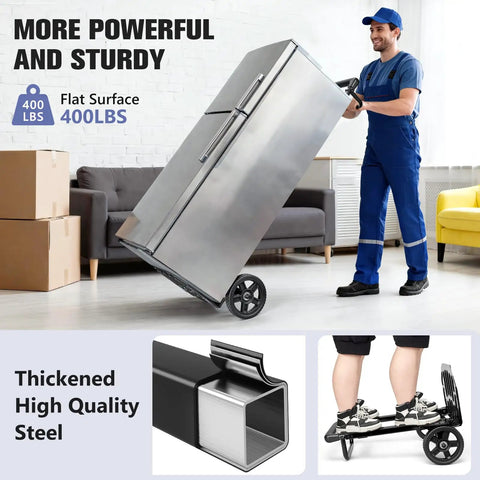 Straight Up Heavy Duty Folding Hand Truck With Seven Inch Solid Rubber Wheels, 460 Pound Weight Capacity All Terrain Rolling Cart in use lifting a refrigerator.