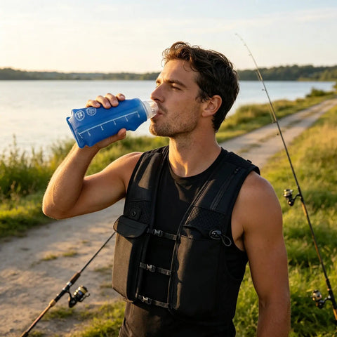 Man wearing High Visibility Reflective Running Vest Hydration Backpack Plus 500ml Soft Flask Hands Free All Day Lightweight Gear