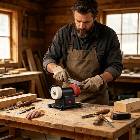 Man using Compact Tabletop Electric Grinder With Dual Finishing Wheels For Snag Free Sharpening And Straight Up Reliable Deburring.