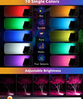 35W RGBW LED Flood Lights 3500LM showing 10 color options and brightness levels for outdoor settings