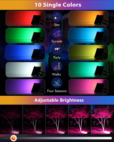 35W RGBW LED Flood Lights 3500LM showing 10 color options and brightness levels for outdoor settings