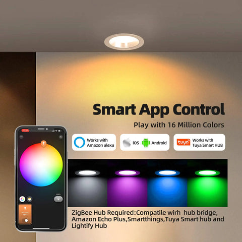 GIDEALED 4 Pack Smart Recessed Lighting 4 inch showcasing colorful lights with smartphone app control features.