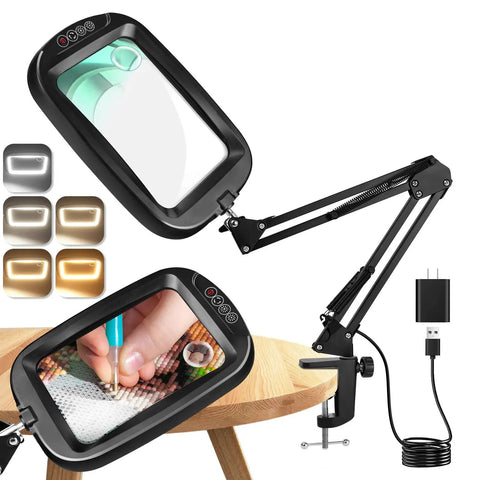 Extra Large Magnifier With Light And Clamp Hands Free Rectangle Desk Magnifier Features 10x To 30x Zoom Five Color LED Modes Adjustable Illumination