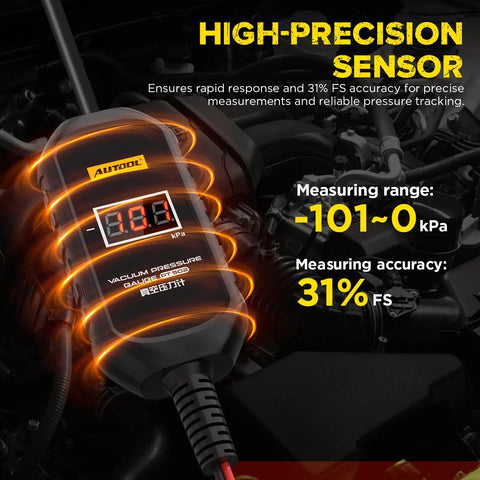 High-precision digital vacuum pressure gauge for cars with temperature compensation and 12V power, measuring -101 to 0 kPa