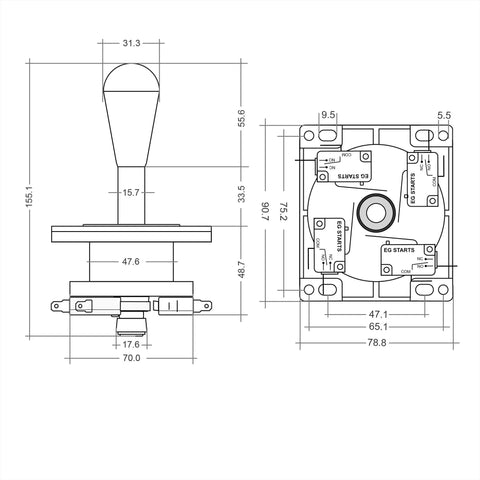 Technical drawing of joystick for Two Player Arcade Cabinet DIY Kit showing dimensions and microswitches for wood or metal panels.