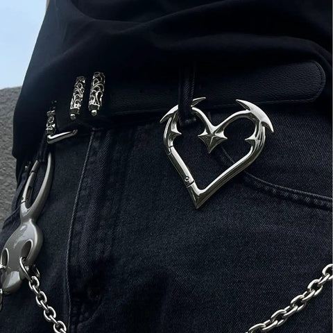 Heart-shaped Gothic Keychain With Cute Carabiner Clip attached to jeans, part of Y2K fashion accessory showcasing edgy gothic vibes