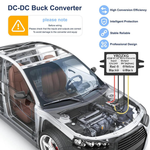 Illustration of Waterproof Car Mounted Buck Converter From 12V 24V To 9V 5A 45W DC To DC Step Down Regulator For Vehicles