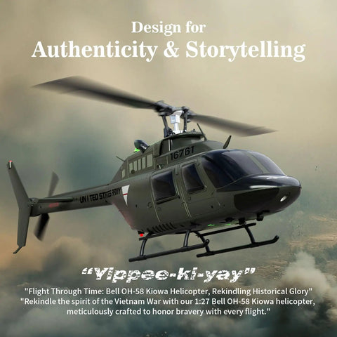 Ultra Realistic 27 To 1 Scale RC Helicopter With Auto Hover Bell OH 58 Style flying mid-air against a cloudy sky