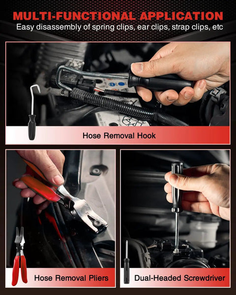 Heavy Duty Hose Clamp Pliers Set 9Pc Kit for Car Engine Repairs and DIY, tools in use for clamp removal and clip disassembly