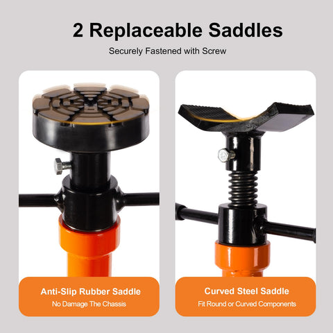 Heavy Duty Underhoist Jack Stand Built Like A Tank For One Ton Loads With Wide Steel Base and Dual Pads showing replaceable anti-slip and curved saddles.