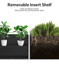 Massive Galvanized Steel Planter Box With Removable Insert Shelf And Four Drainage Holes Weather Resistant 32 Inches Long By 12 Inches Wide By 24 Inches Tall For Indoor And Outdoor Patio Porch Decor Black, shown with plants and soil section.