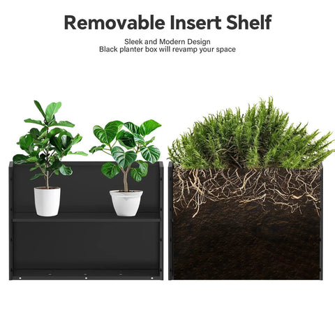 Massive Galvanized Steel Planter Box With Removable Insert Shelf And Four Drainage Holes Weather Resistant 32 Inches Long By 12 Inches Wide By 24 Inches Tall For Indoor And Outdoor Patio Porch Decor Black, shown with plants and soil section.