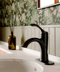 Oil Rubbed Bronze One Hole Bathroom Faucet With One Handle Lever on white sink, wooden backsplash, rustic decor