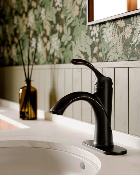 Oil Rubbed Bronze One Hole Bathroom Faucet With One Handle Lever on white sink, wooden backsplash, rustic decor