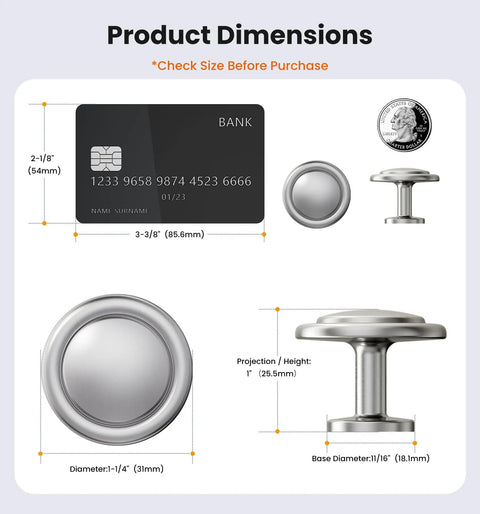 Dimensions display for 10 Pack 1-1/4 Inch Brushed Nickel Solid Zinc Alloy Euro Style Cabinet Knobs And Drawer Pulls