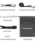 Components of RV Awning Tie Down Kit With Shock Absorbing Springs And 13ft Ratchet Straps: buckles, stakes, straps, loops, springs, bag.