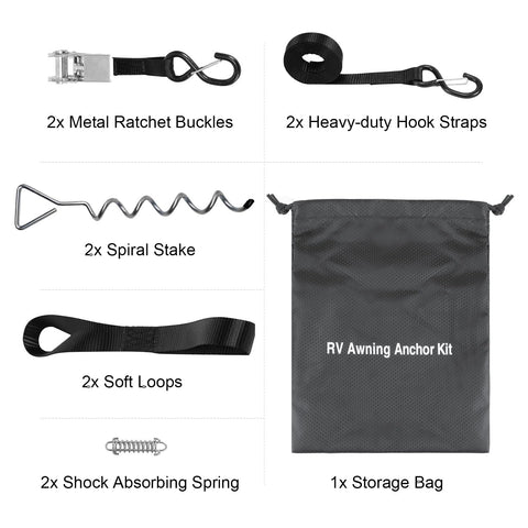 Components of RV Awning Tie Down Kit With Shock Absorbing Springs And 13ft Ratchet Straps: buckles, stakes, straps, loops, springs, bag.