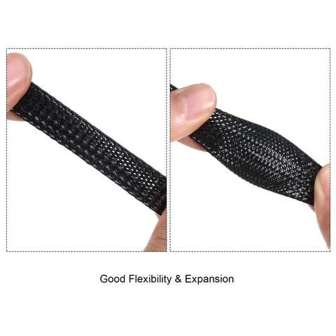 Hands stretching black Expandable Braided Cable Sleeve Kit Made From PET 50Ft Total Includes 1/2 Inch 1/4 Inch And 3/8 Inch Sizes