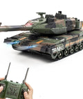 2.4GHz RC Tank With Auto Demo Sound Lights And Smoke, 13-Channel Army Battle Vehicle in army green, shown with remote control