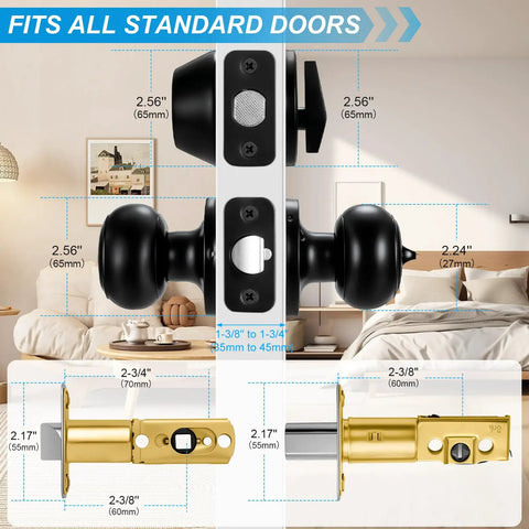 4 Pack Front Door Lock Set in Matte Black With Deadbolt and Door Knob, Keyed Alike Single Cylinder Lockset measurements