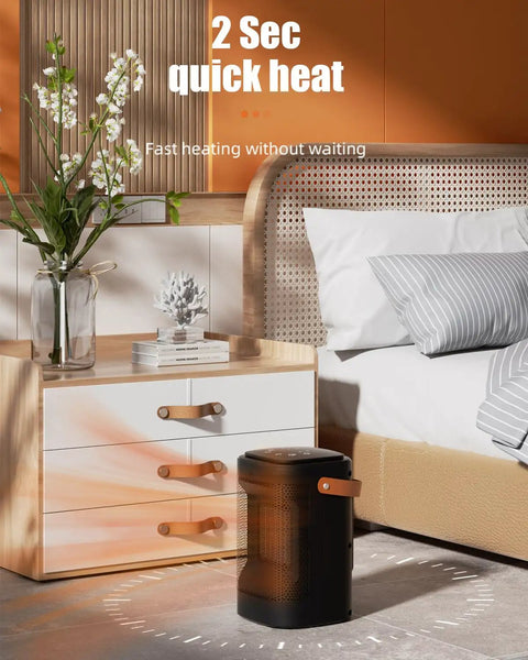 Portable Indoor Space Heater 1500W With Thermostat And 12 Hour Timer by bedside in modern bedroom setting