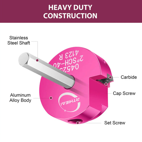 Close-up of pink reamer head with aluminum body and stainless steel shaft from Six Piece PVC Pipe Reamer Kit For SCH40 PVC CPVC ABS Fittings.