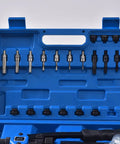 Close-up of Pro Rivet Nut Tool Kit 13 Inch Set with 11 Metric and SAE Mandrels in blue carrying case for metalworking projects.