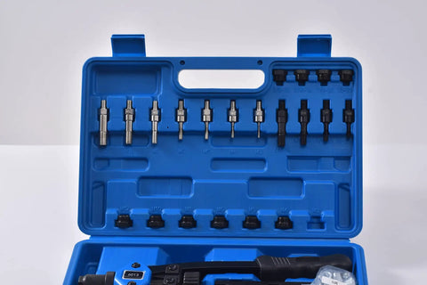 Close-up of Pro Rivet Nut Tool Kit 13 Inch Set with 11 Metric and SAE Mandrels in blue carrying case for metalworking projects.