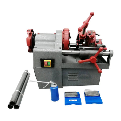 Electric Pipe Threader Workhorse One Half To Two Inch NPT With Twenty Eight RPM Threading Cutter Three In One Tool For Threading Cutting And Reaming Includes Clamping Device And Oiling System Built For Construction And Installation Jobs, with pipe and dies