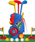 Toddler Golf Set With Putting Mat For 2 3 4 Year Olds Upgraded Kids Golf Cart With clubs, balls, and flags on green mat