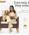 Woman and dog seated on All Weather Outdoor Patio Furniture Set With High Back Wicker Sofa For Cozy Conversation Set 4 Inch Thick Cushions
