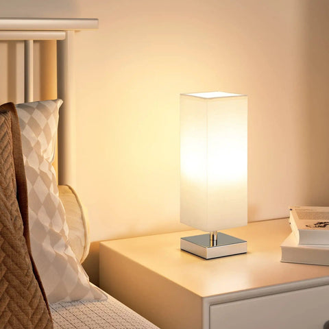 Cozy Minimalist Table Lamp For Bedroom Bedside Nightstand With Square Fabric Shade, Desk Reading Light For Kids Room Living Room Or Office, White Shade And Silver Base, UL Listed